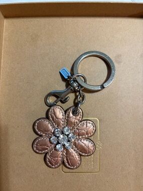 Coach Rose Gold Leather Flower Keychain with Crystals